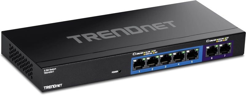 Trendnet 7-Port Multi-Gig Gaming Switch, TEG-S327, 5 x 1G RJ-45 Base-T Ports, 2 x 2.5G RJ-45 Ports, 20Gbps Switching Capacity, Wall Mountable, Plug & Play, Lifetime Protection, Black - Image 1